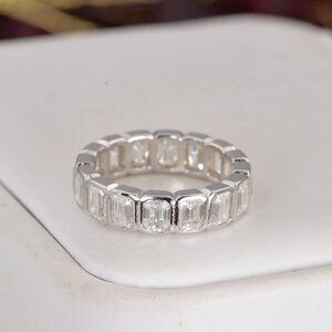 Certified Emerald Cut All Moissanite Full Eternity Ring 925 Sterling Silver